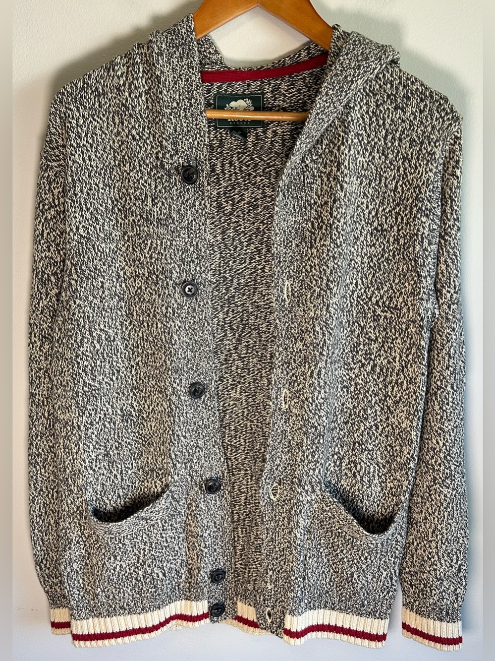 Roots Cabin Collection Cardigan Sweater Size S Hooded Gray Marled Knit Button Up